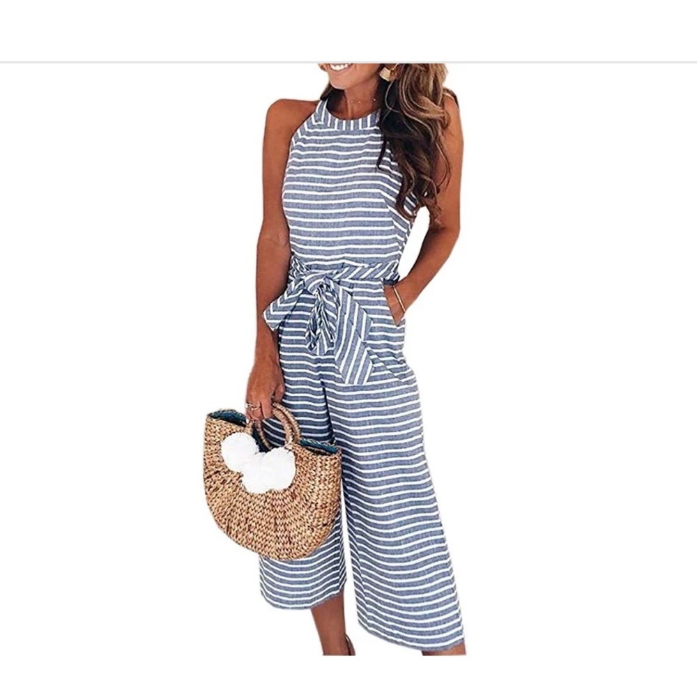 NWOT FANCYQUBE Wide Leg Striped Jumpsuit Sz Small